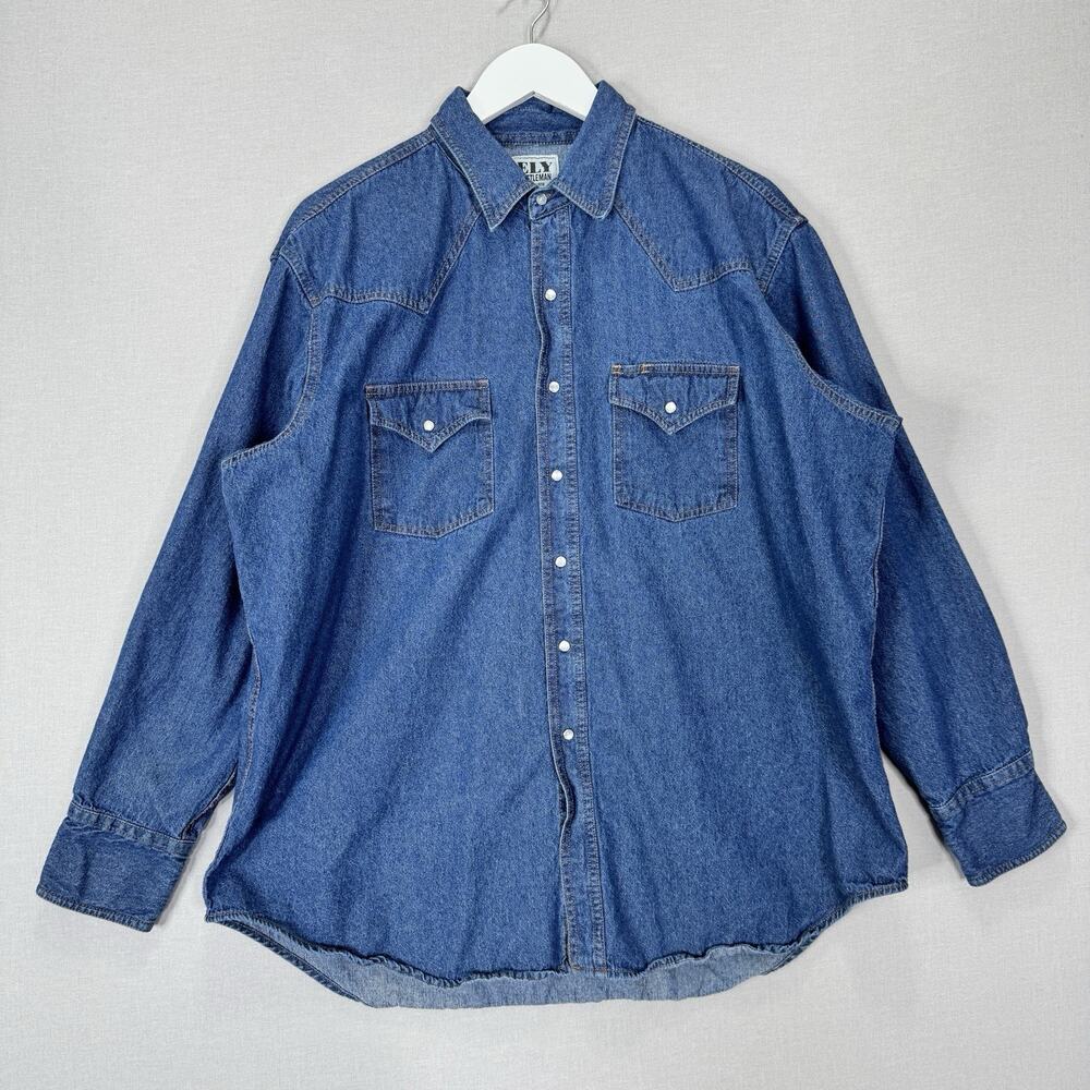ELY Cattleman Pearl Snap Denim Shirt Mens XL Blue Cowboy Western Rodeo Ranch